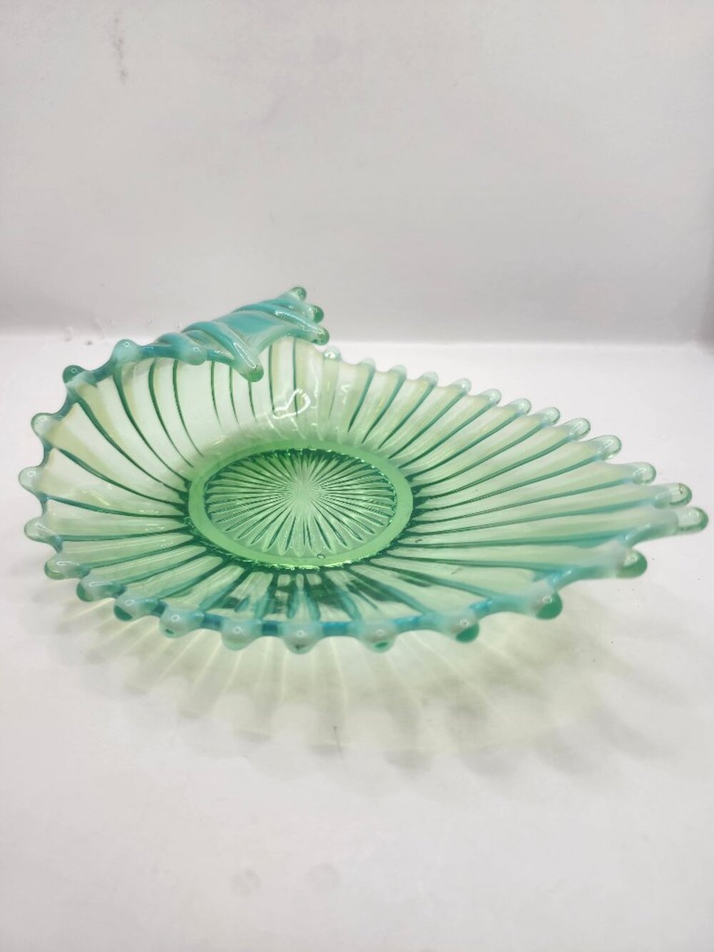 Vintage Fostoria Heirloom Glass Green Opalescent Curved Candy Dish